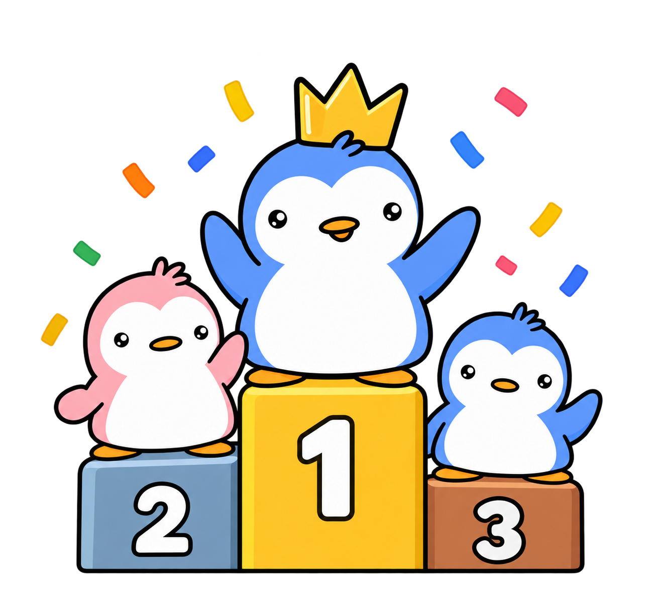 Purgy penguins celebrating on a podium
