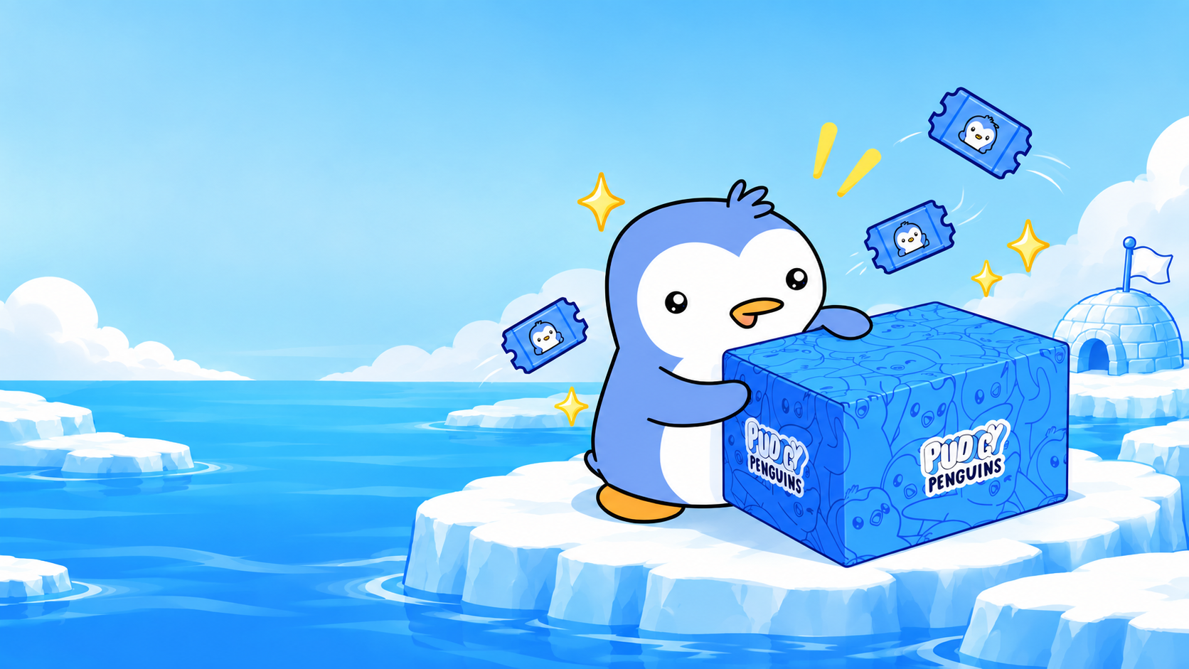 Pudgy Penguin with a prize box of Pudgy Penguins merch on the ice